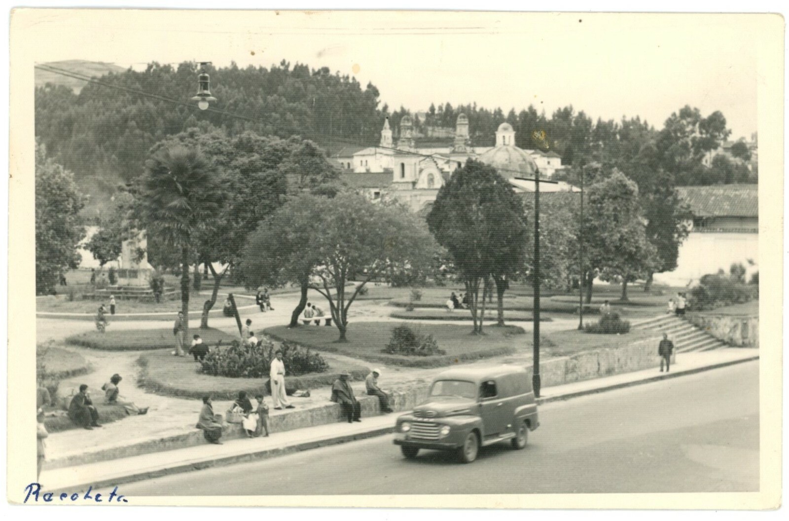 Quito Ecuador La Recoleta Monastery Park 1940s Ford Van RPPC Real Photo Postcard