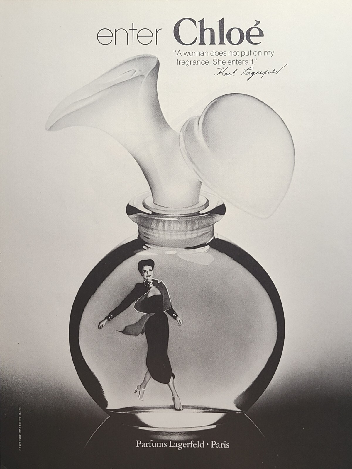 Chloé Karl Lagerfeld Perfume Woman Inside Bottle Vintage Print Ad 1979 