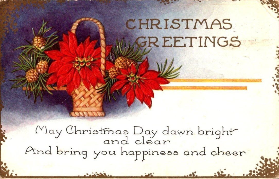 Vintage Victorian Postcard 1928 Christmas Greetings - Poinsettia Basket