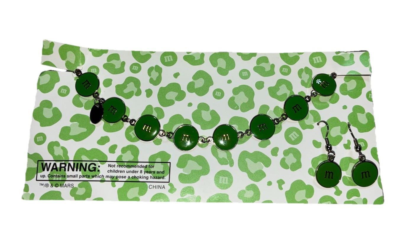 M&M's World Las Vegas Bracelet And Earrings Set Silver Green Enamel Y2K NEW
