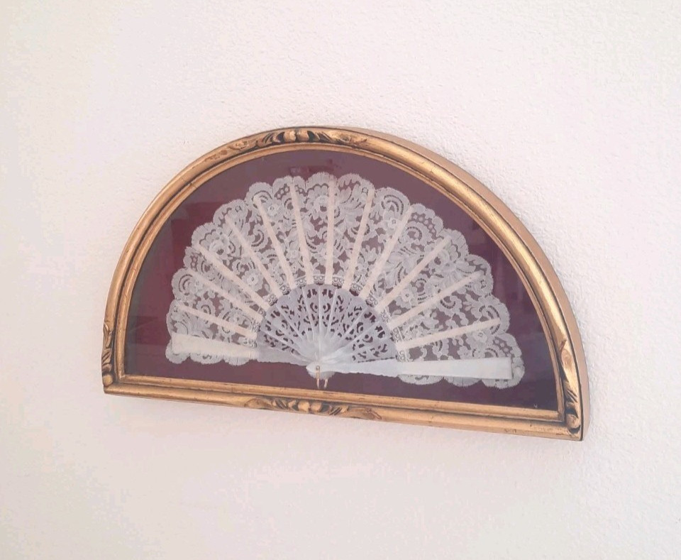 Vintage Framed White Lace Fan Shadowbox - Red - Gold - Goth Victorian Romantic