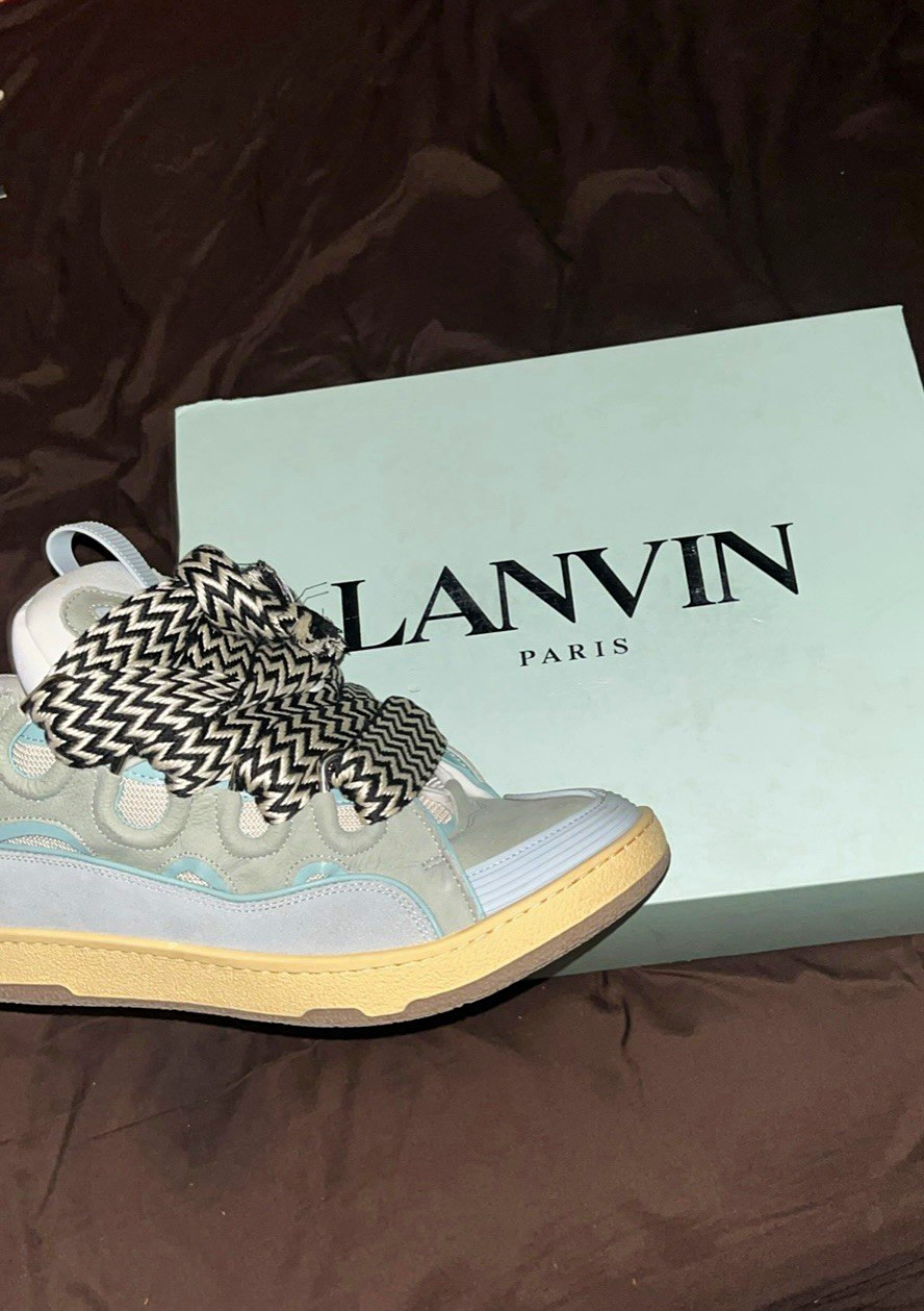 Lanvin Men’s Low Top Lace-Up Sneakers US 9 White/Gray/Beige Colorblock