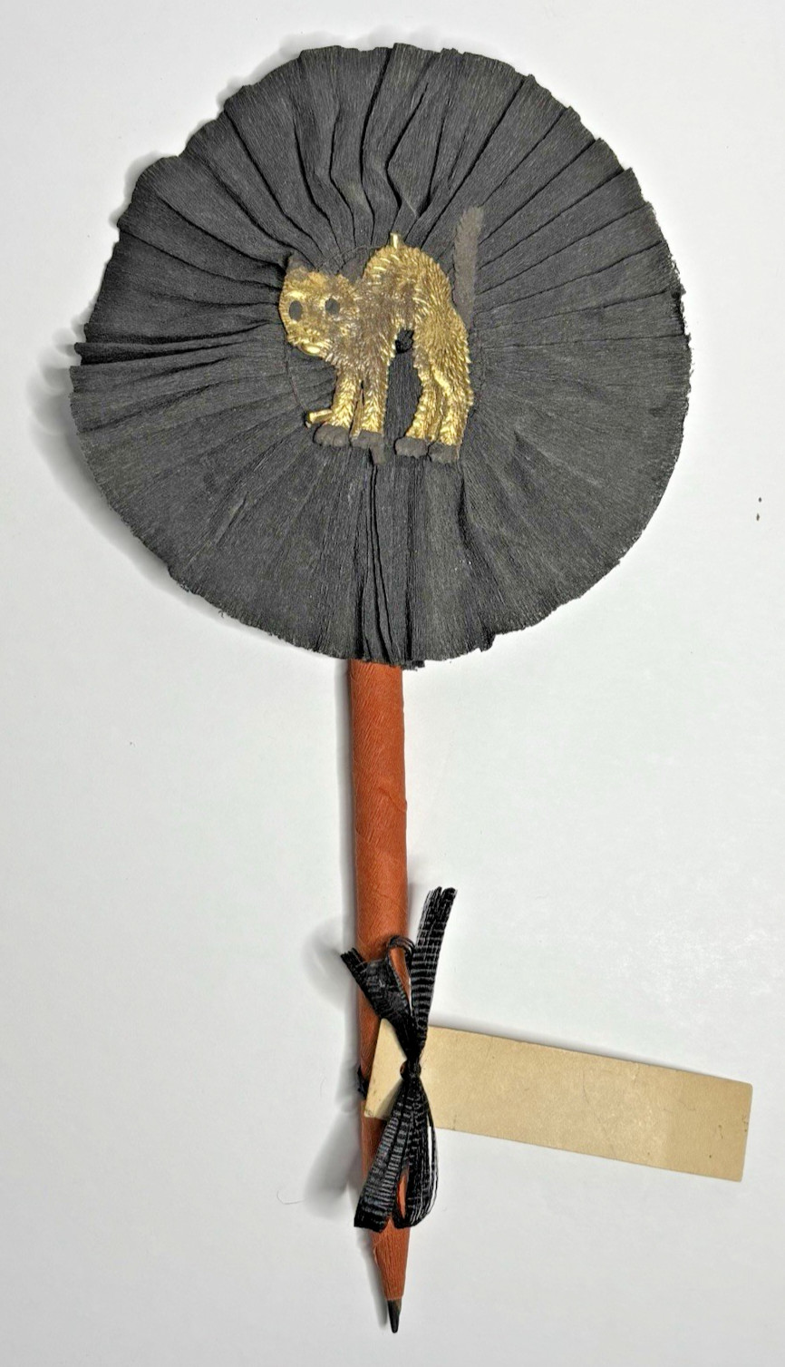 Antique 1920s Halloween Crepe Paper Rosette Black Cat Pencil Place Card Favor⁠