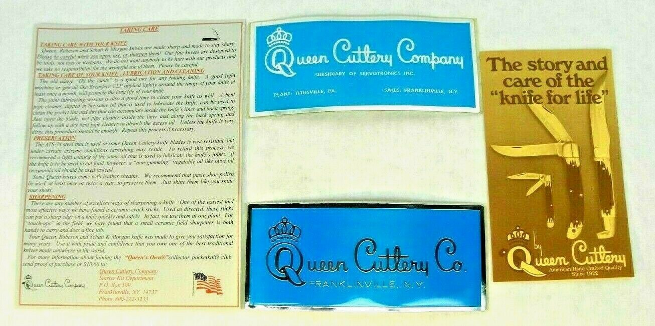 NEW OLD STOCK 4 pc VINTAGE QUEEN CUTLERY STICKERS & BROCHURES POCKET KNIFE QC