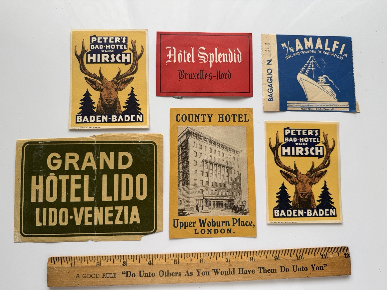 6 Vintage European HOTEL Luggage Labels Amalfi STEAMSHIP Venice Baden-Baden