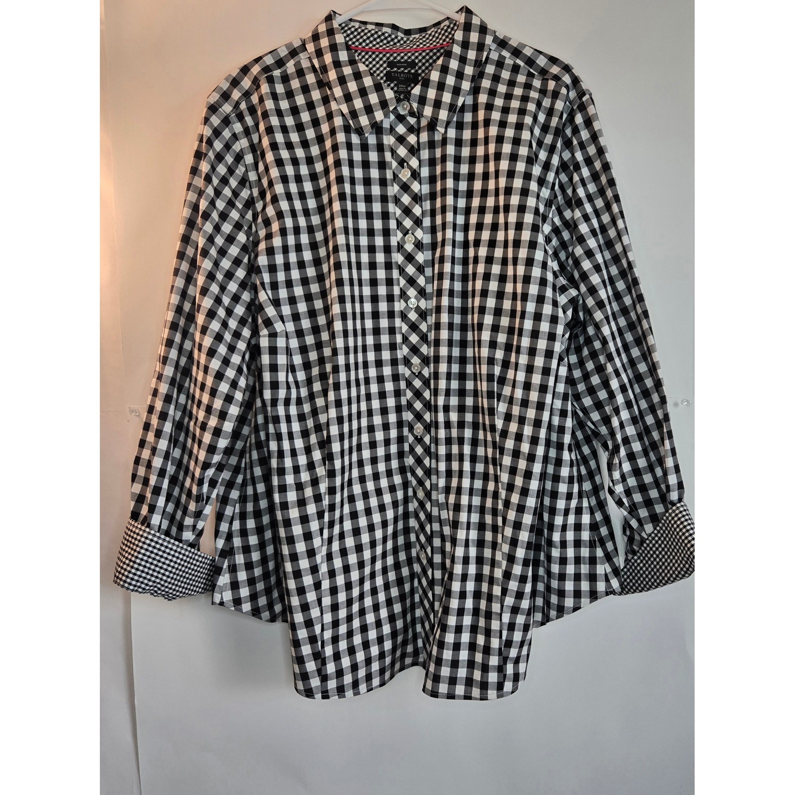 Talbots Plus Womens 24W Black White Gingham Non-Iron Button Down Shirt LS