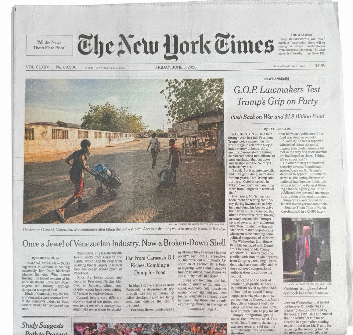 The New York Times Newspaper June 5 2026 GOP Push Back on War & 1.8 Billion Fund