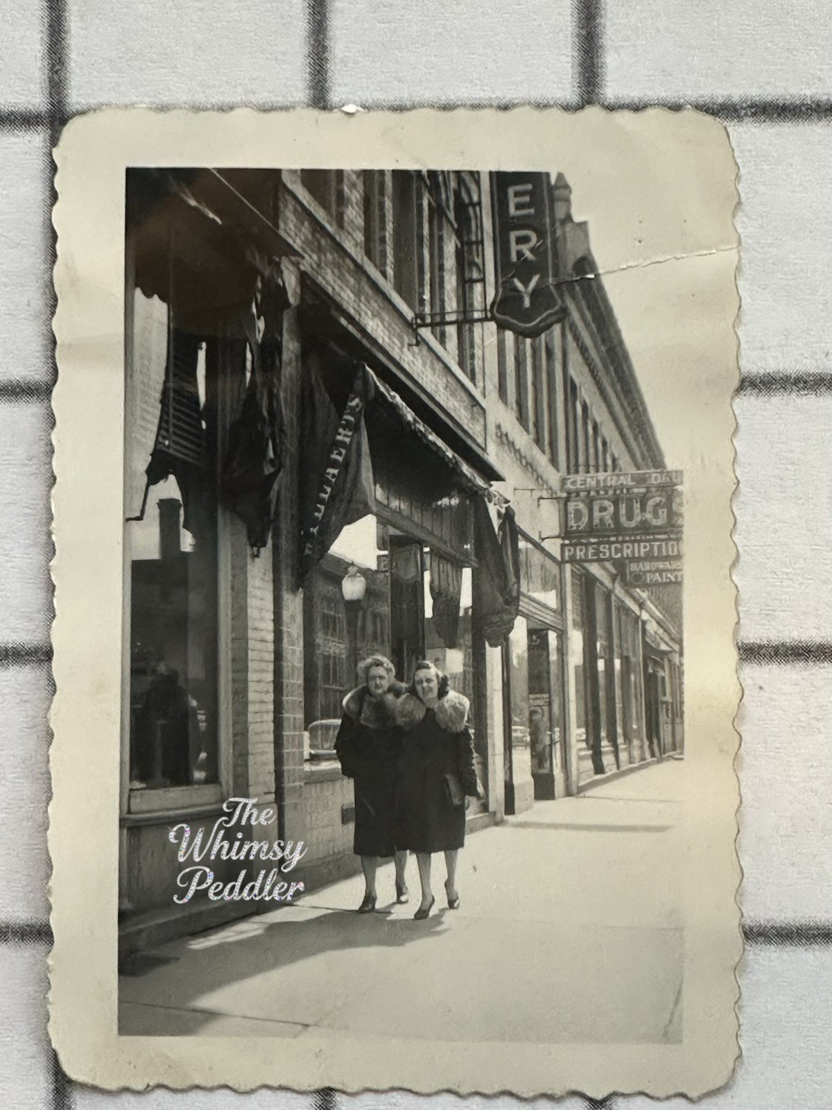 Vintage Photo Two Women Downtown by Central Drugstore and Hotel Signs