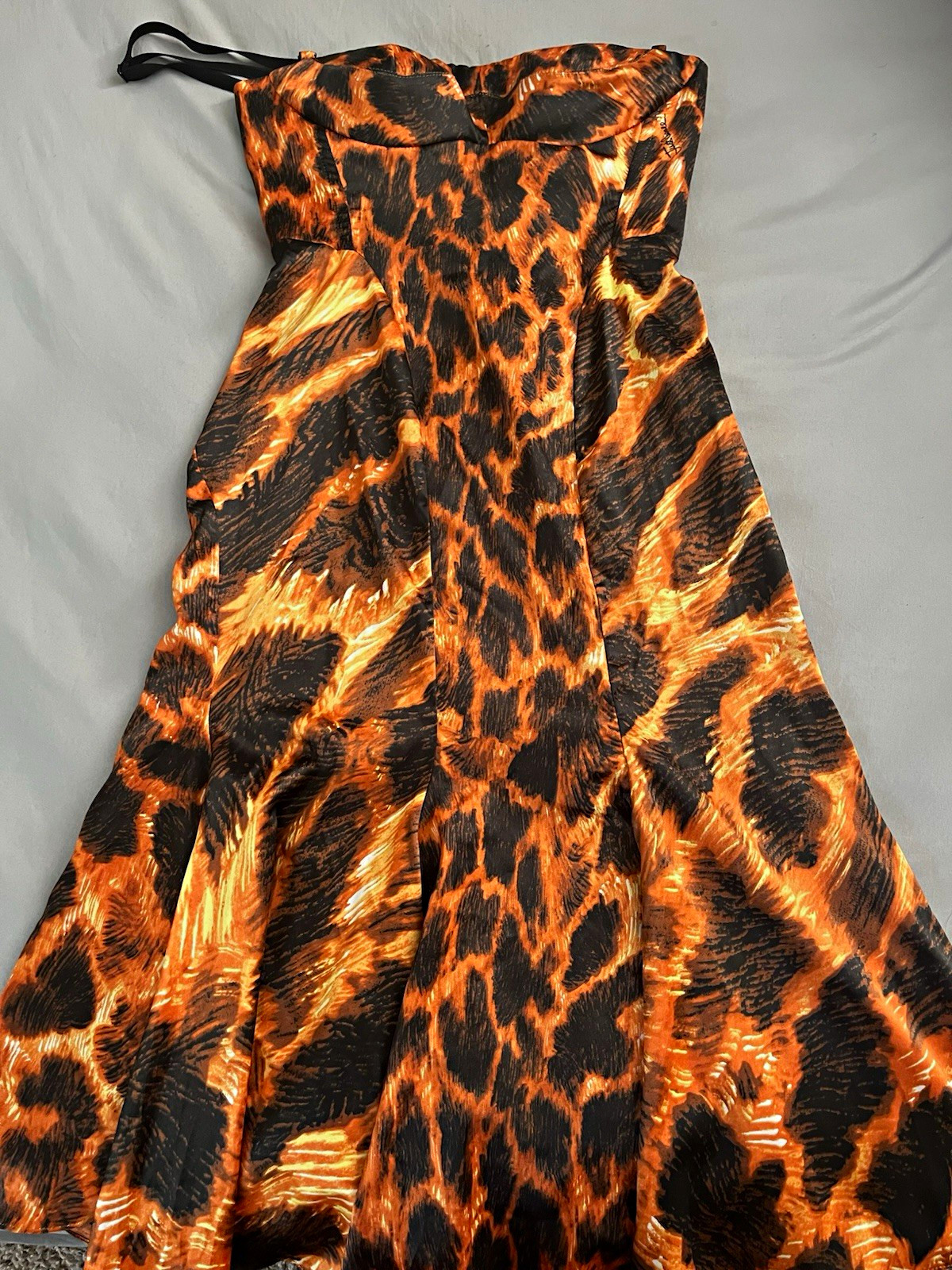 Just Cavalli Orange/Black Leopard Animal Print Strapless Midi Dress IT 40
