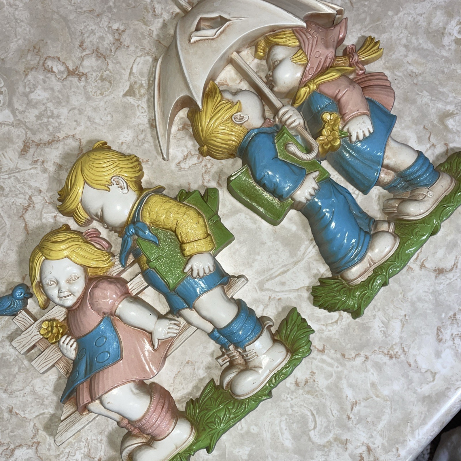 VTG 1977 Children Wall Plaques blue pink green boy girl Homco Home Interiors
