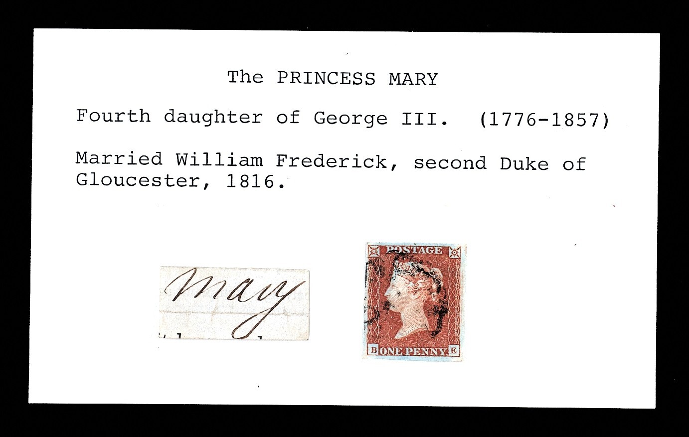 Princess Mary, Duchess of Gloucester and Edinburgh signature 1841 Penny Red 4 VF