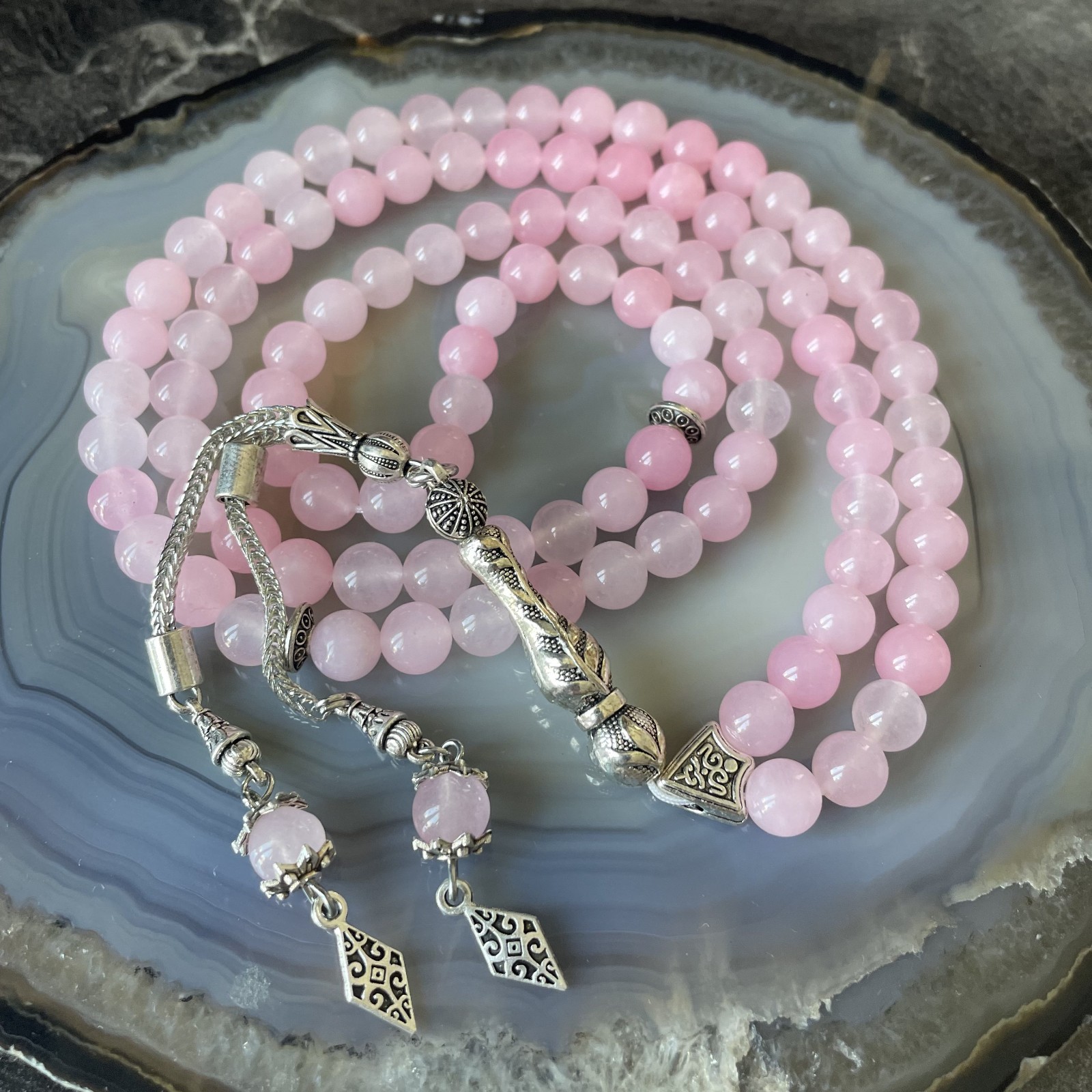 Natural Pink Jade 99 Beads Tasbih, Islamic Prayer 99 Beads, Misbaha Tasbeeh Gift