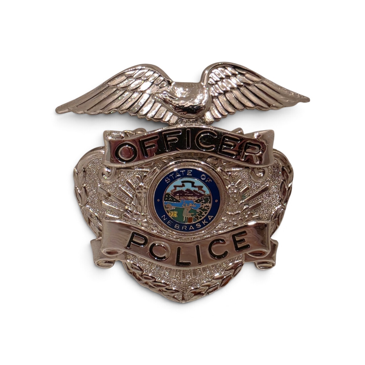 Vintage State Of Nebraska Police Officer Cap Badge Pin Eagle Shield Metal Enamel