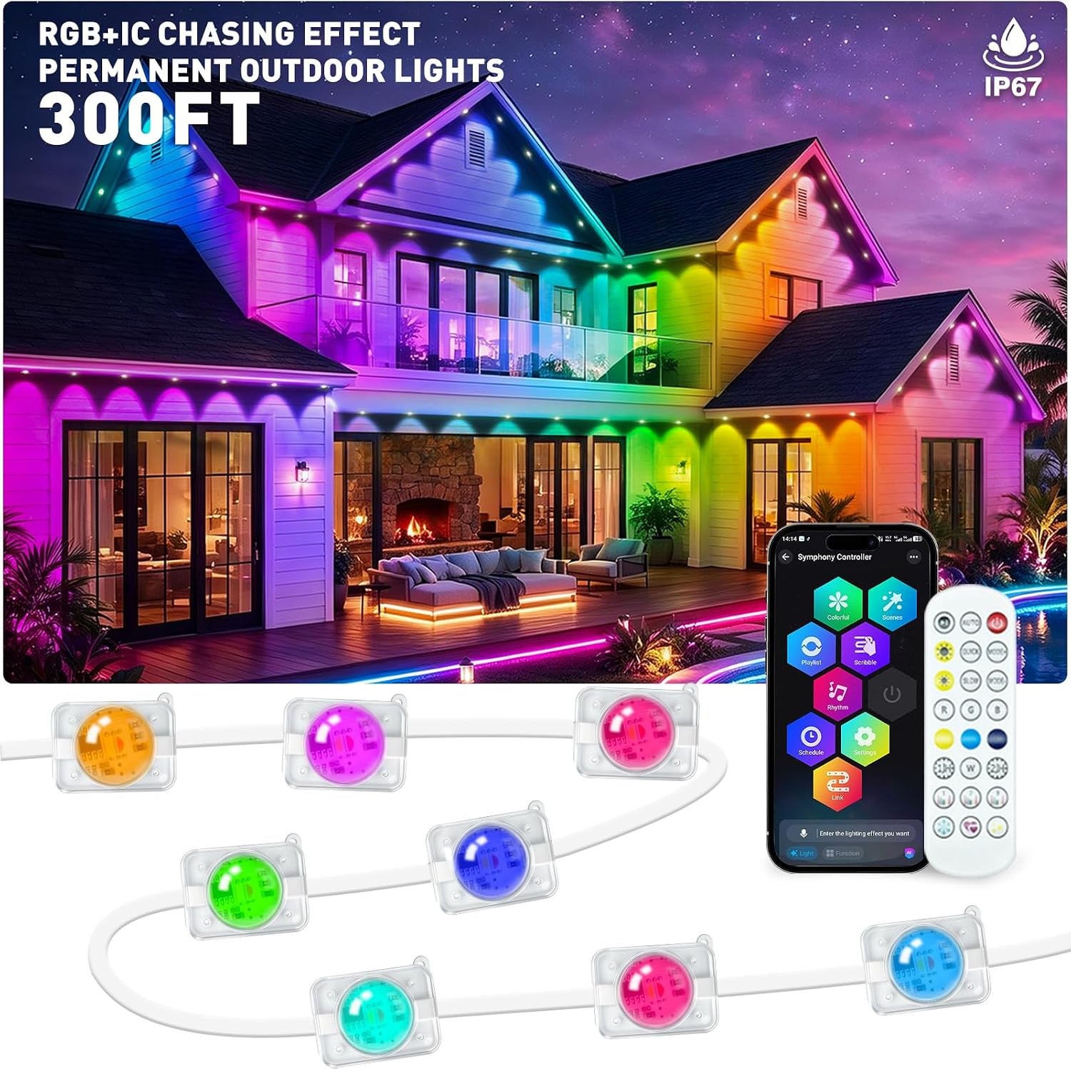 300FT Permanent Outdoor Lights, RGB+IC Waterproof Smart LED Eaves Lights with Ap 300FT Permanent Outdoor Lights, RGB+IC Waterproof Smart LED Eaves Lights with Ap