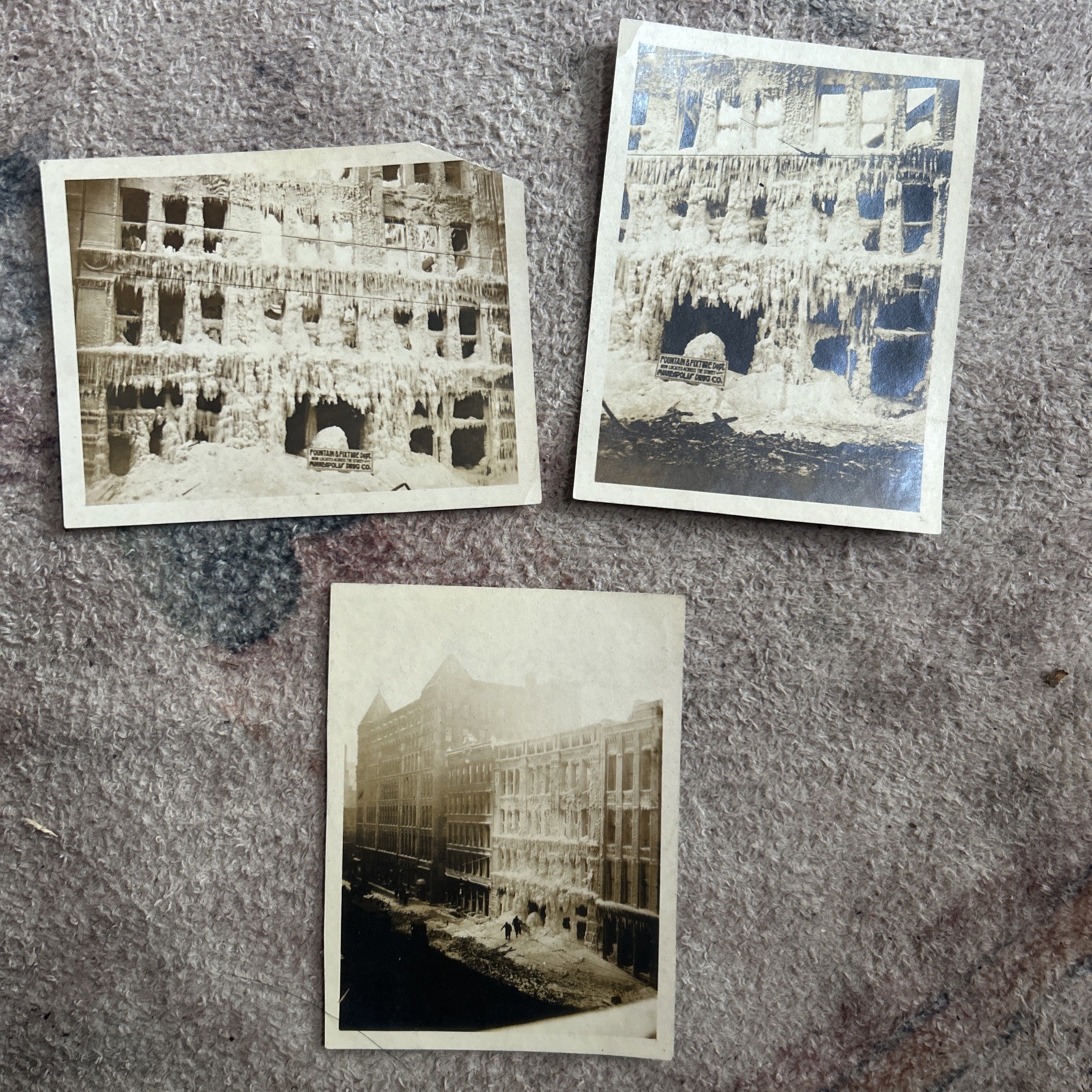 Lot Of 3 Photos Burned Down Fountain & Fixture Minneapolis Drug Co.  Fire 1916