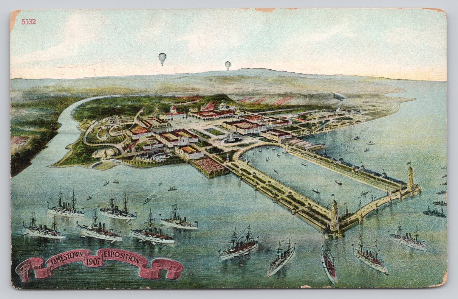 Jamestown Exposition 1907 Postcard Aerial View Ships & Ad for Rheumatism