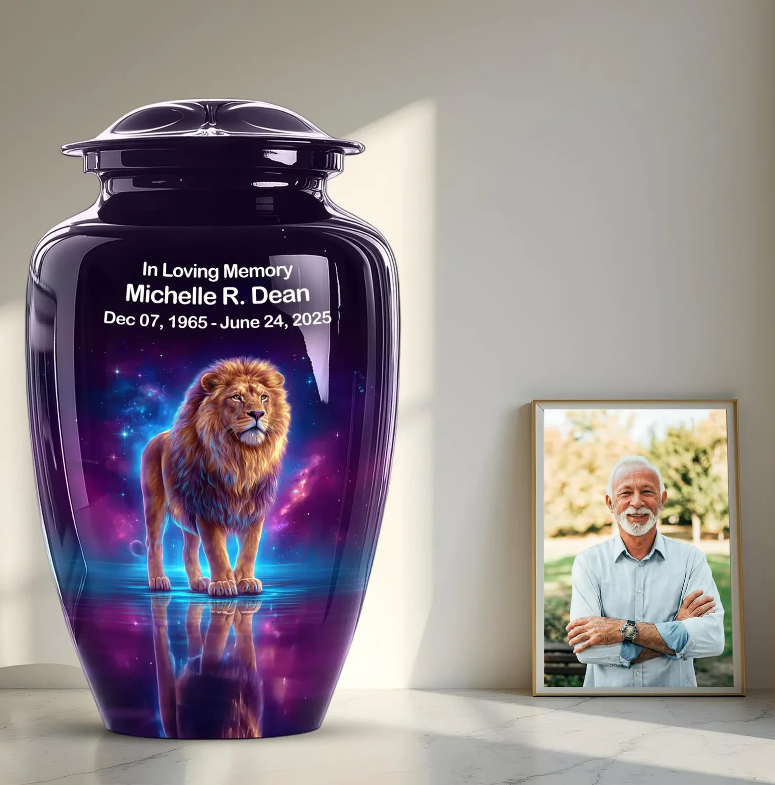Personalized Lion Urn for Ashes Purple Urn for Ashes, Custom Memorial Cremation