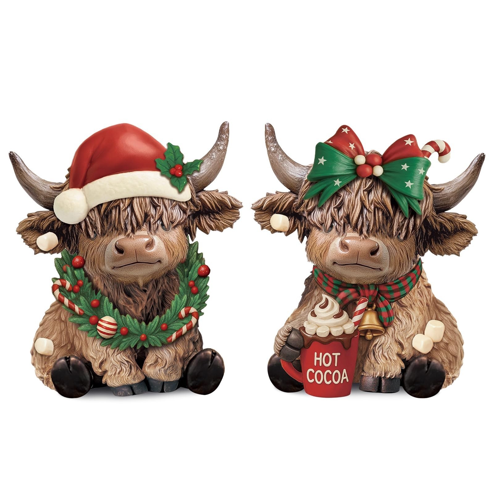 Highland Cow Figurines Set - 2 Pcs Rustic Christmas Decor for Hot Cocoa Bar