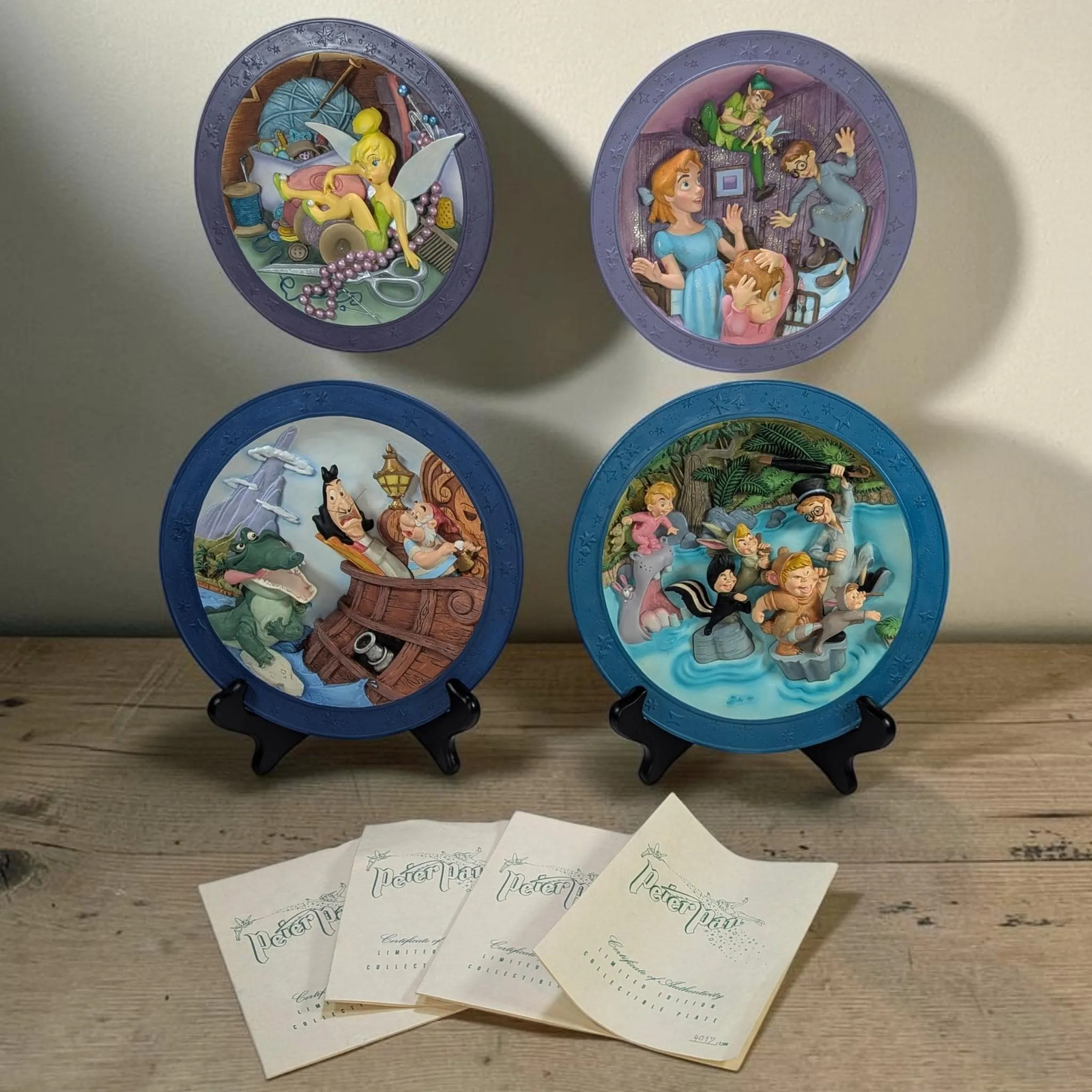 Complete Set of 4 Rare Vintage Disney Store Peter Pan 3D Sculptural Plates