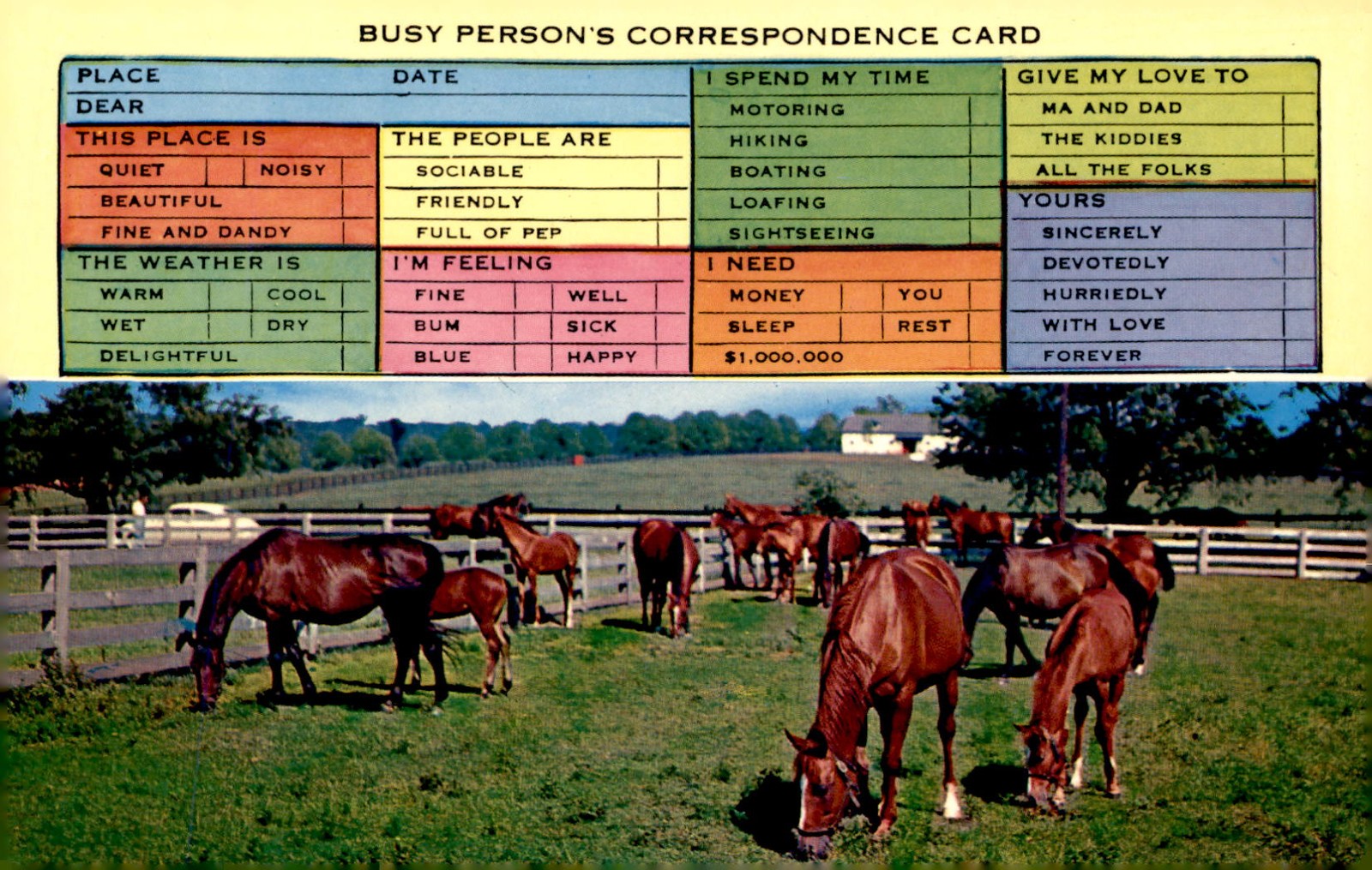 Beautiful Place, Friendly People, Leisure Activities, Year Unknown Postcard