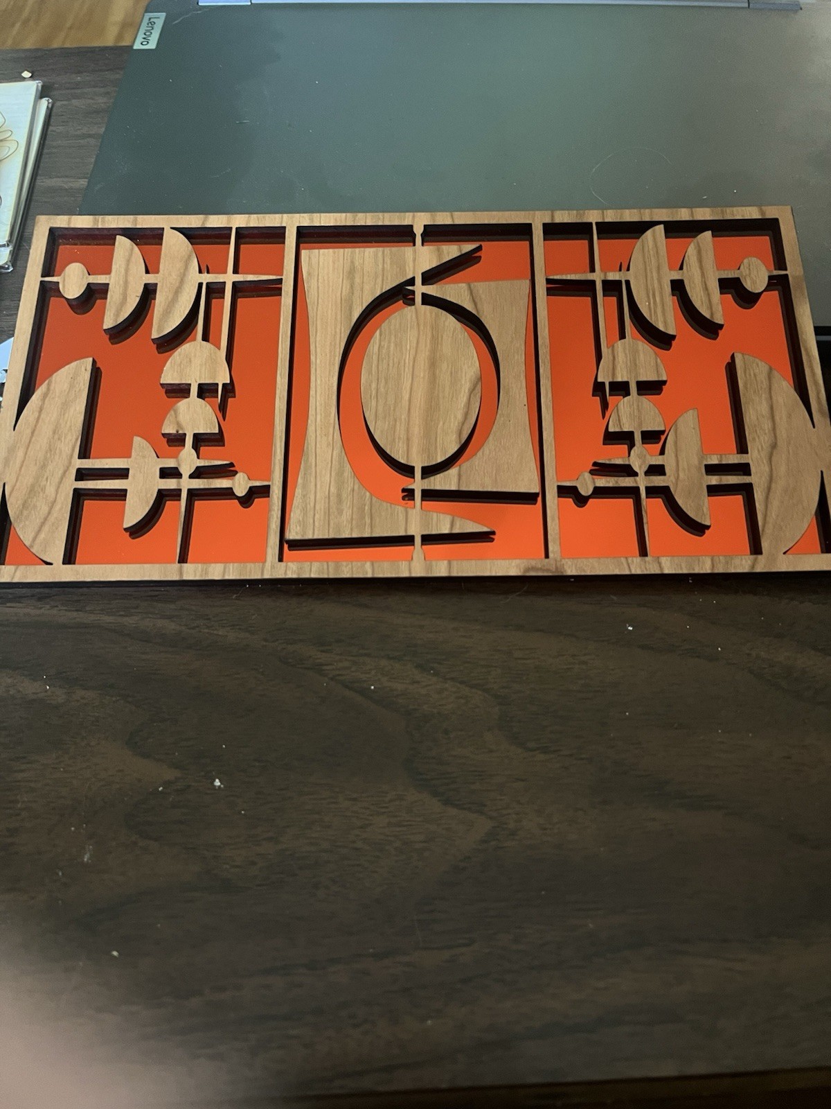 MCM Inspired Wall Decor Plaque Parus Motif Cherry Plywood With Orange Mirror