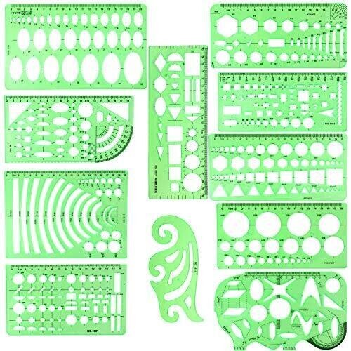 11PCS Geometric Drawings Templates Drafting Stencils Measuring Tools Plastic Set