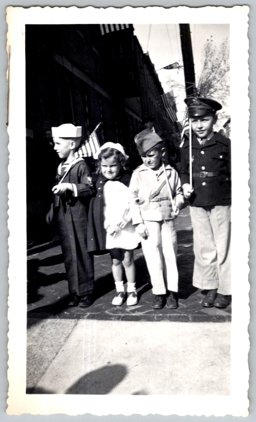 Vtg B&W Snapshot Children in Military Costumes Sailor Officer Parade 1940s