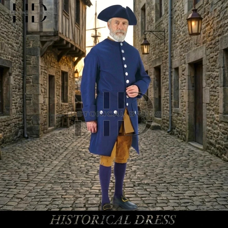 Authentic 1750s Colonial Civilian Outfit - Blue Frock Coat, Waistcoat & Breeches