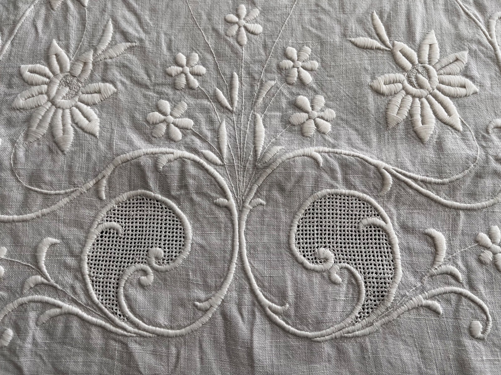 Outstanding Vintage White Linen Embroidered Dresser Scarf/Table Runner 58x18