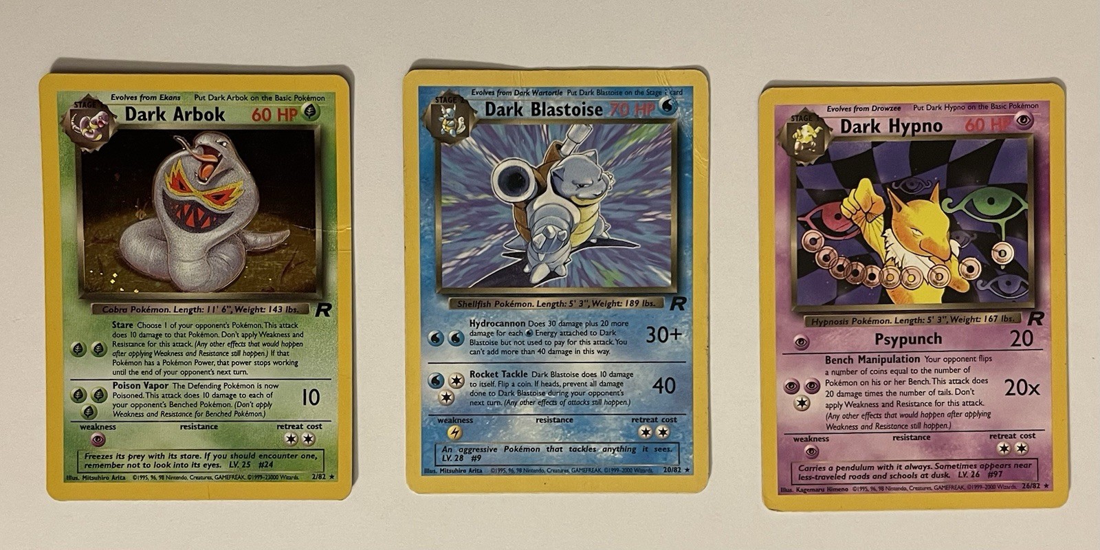 Pokemon Team Rocket Dark Arbok Holo Blastoise Hypno 3 Card Lot WOTC 2000