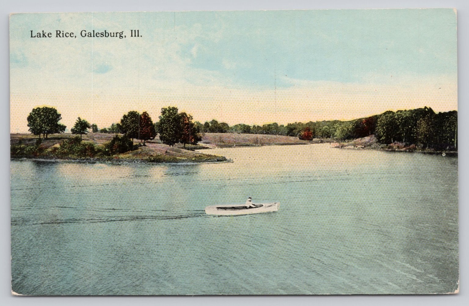 Vintage Lake Rice Galesburg Illinois Postcard 1913 Rowboat Scenic View