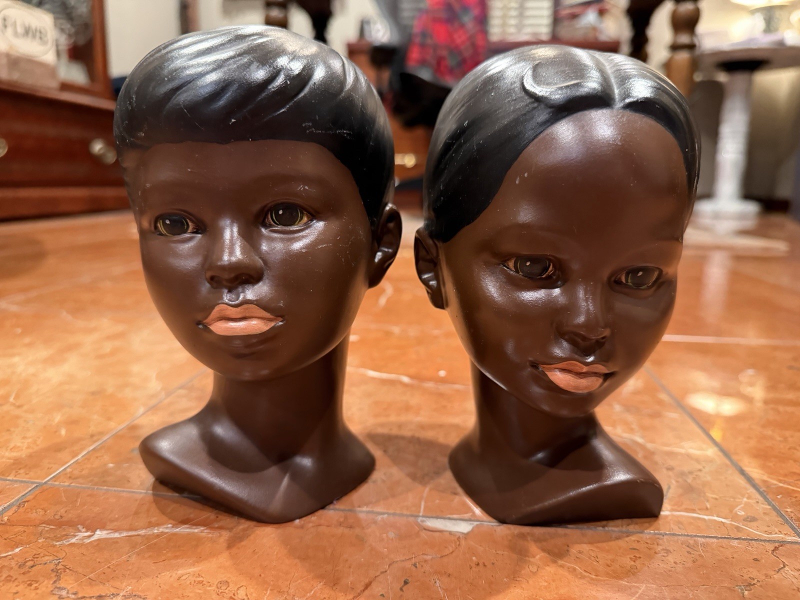 HOLLAND MOLD SET POLYNESIAN HAWAIIAN BROWN BOY & GIRL BUST CERAMIC STATUES 1975