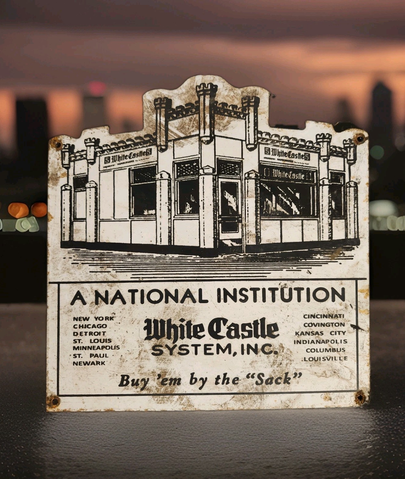 Vintage White Castle Porcelain Sign Buy Them By Sack New York Chicago Detroit 