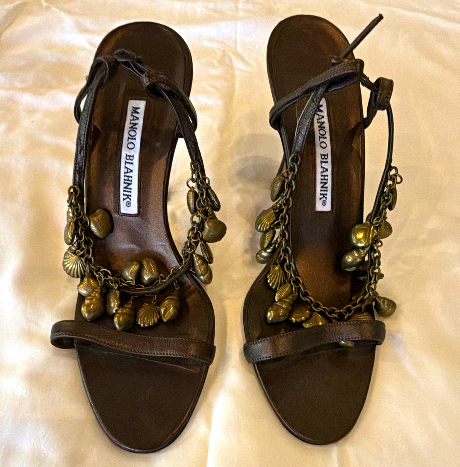 Manolo Blahnik Brown Leather Strappy Open Toe Ankle Strap Chain Charm 7.5