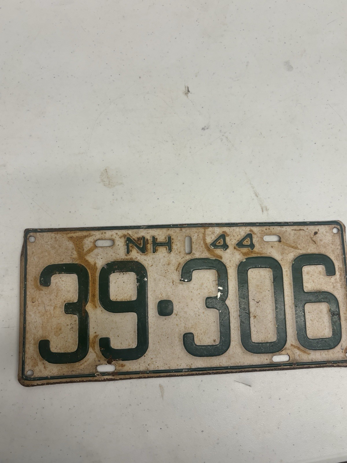 1944 New Hampshire License Plate NH 39-306 Vintage Embossed Metal Garage Decor