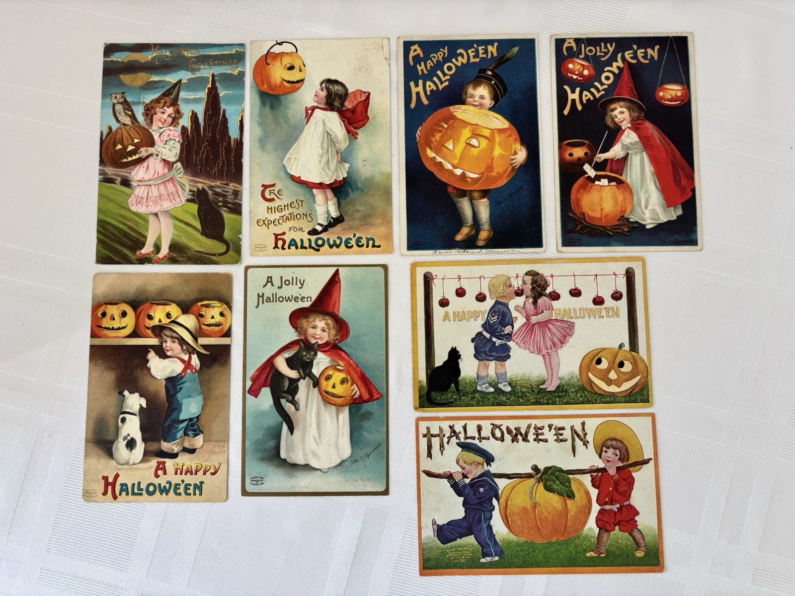8 ANTIQUE HALLOWEEN CLAPSADDLE SANDERS POSTCARDS PUMPKINS CHILDREN OWL CATS DOG