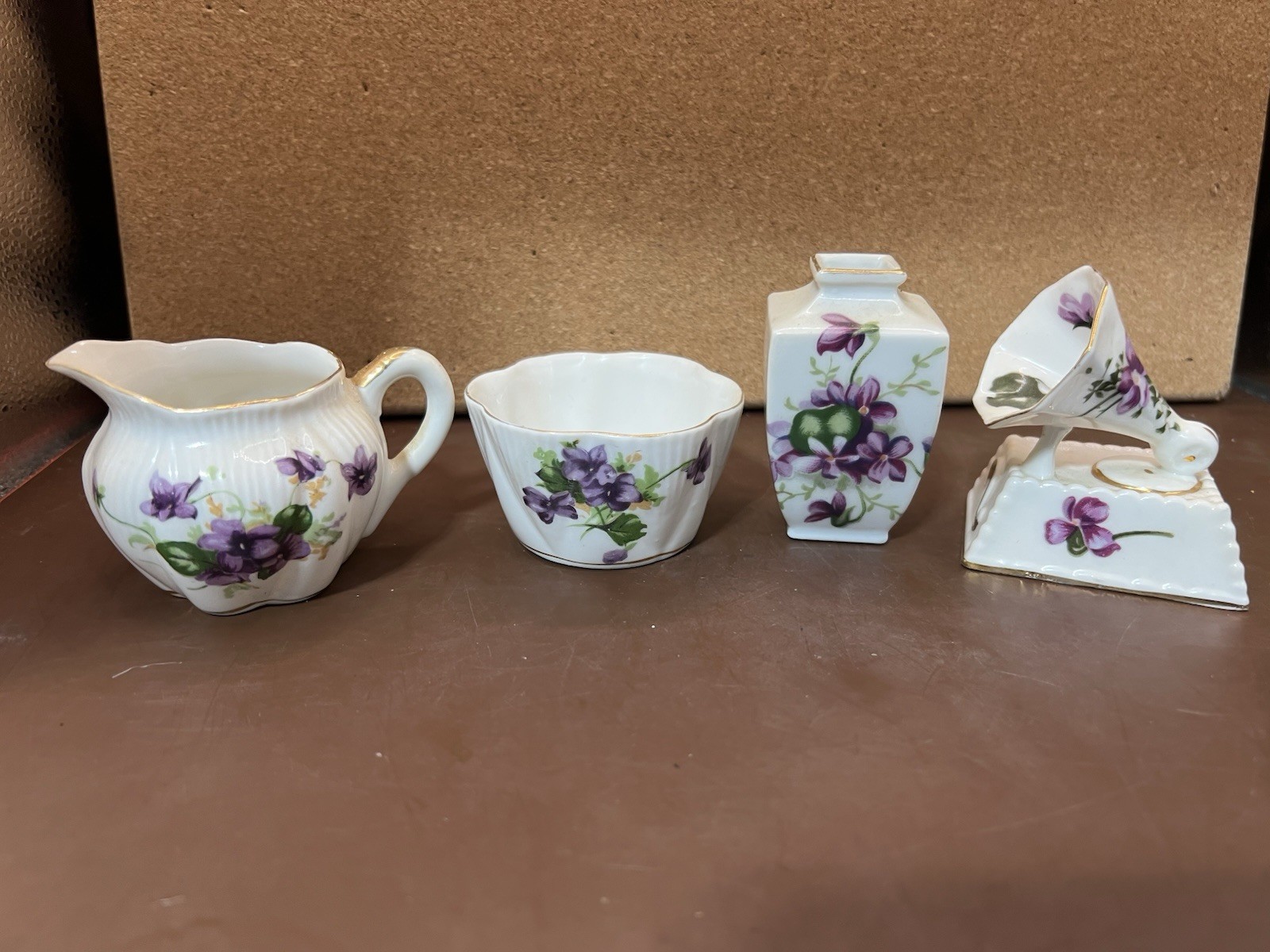 4 Vintage Fine China Pieces, Sugar Creamer, Vase, Trinket With Purple Violets ￼
