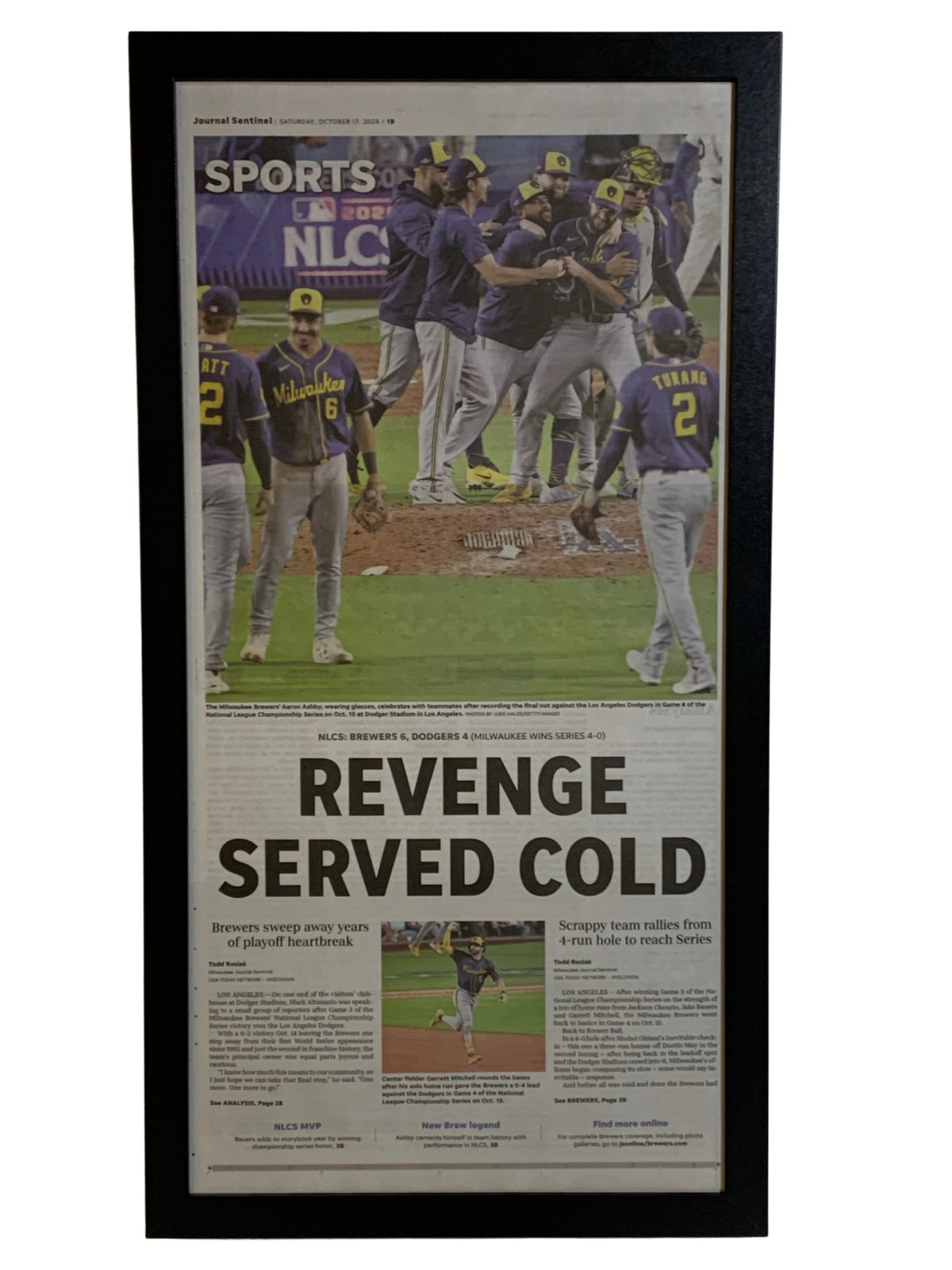 2026 Milwaukee Brewers NL Champions Framed Journal Sentinel Newspaper
