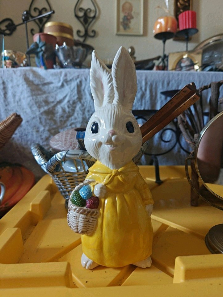 Vintage Easter Bunny Rabbit Figurine Hand Painted Ceramic Yellow Dress w/ Basket