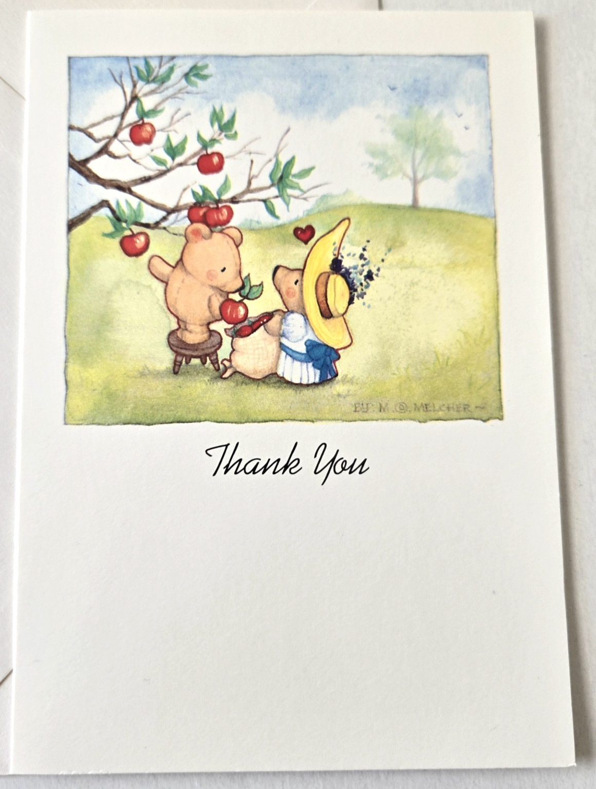 Vintage Greeting Card Thank You Blank Mary Melcher Bears Picking Apples