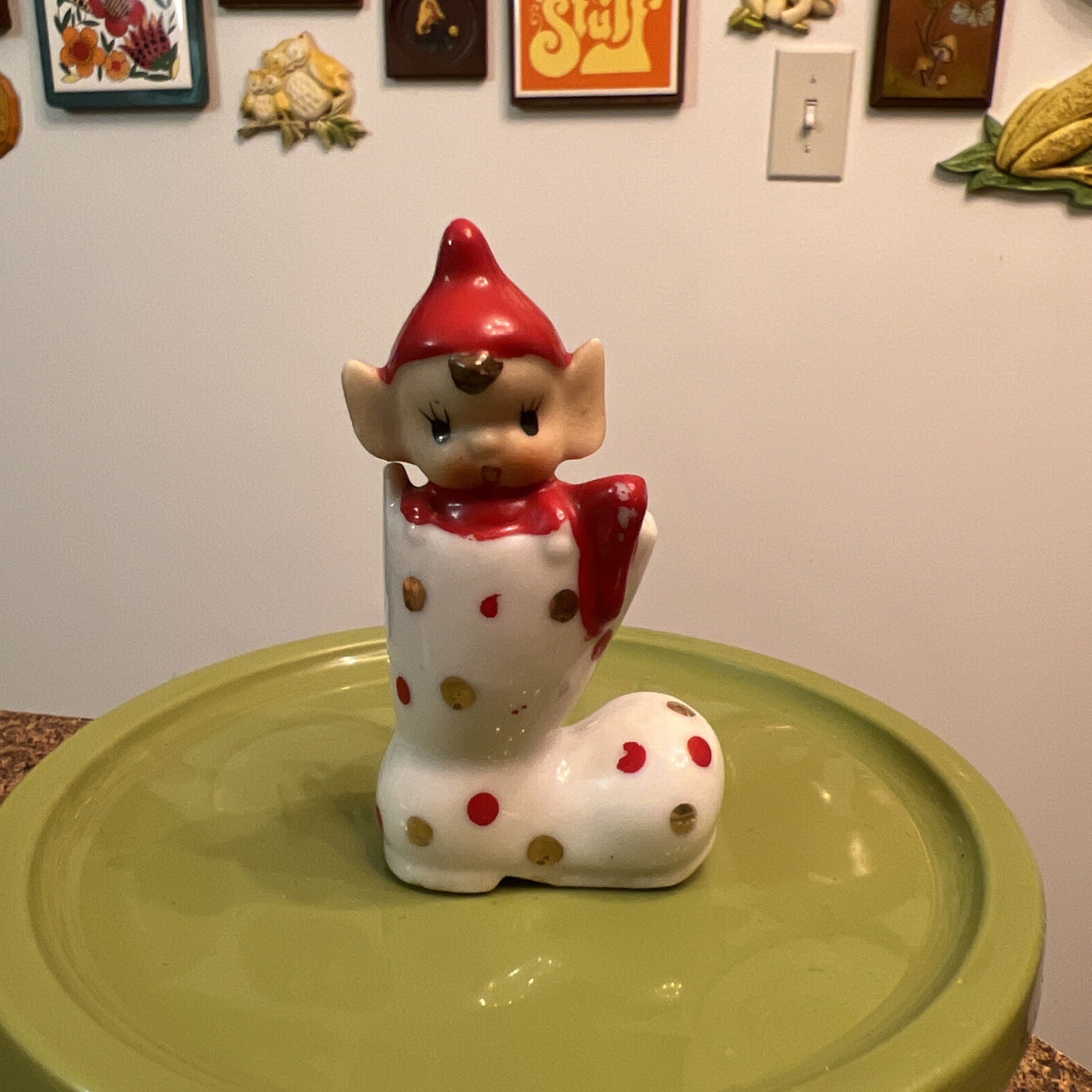 Rare Vintage Christmas Polka Dot Pixie Elf in Boot Ceramic Figurine
