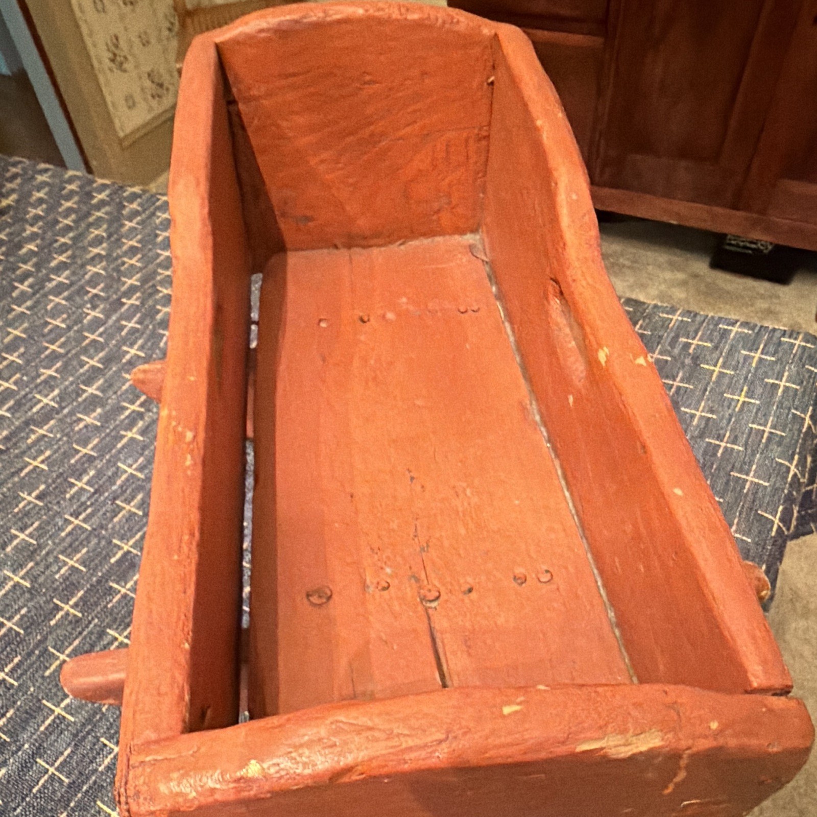 Vintage Rustic Red Painted Wooden Doll Baby Cradle Rocker Primitive Decor