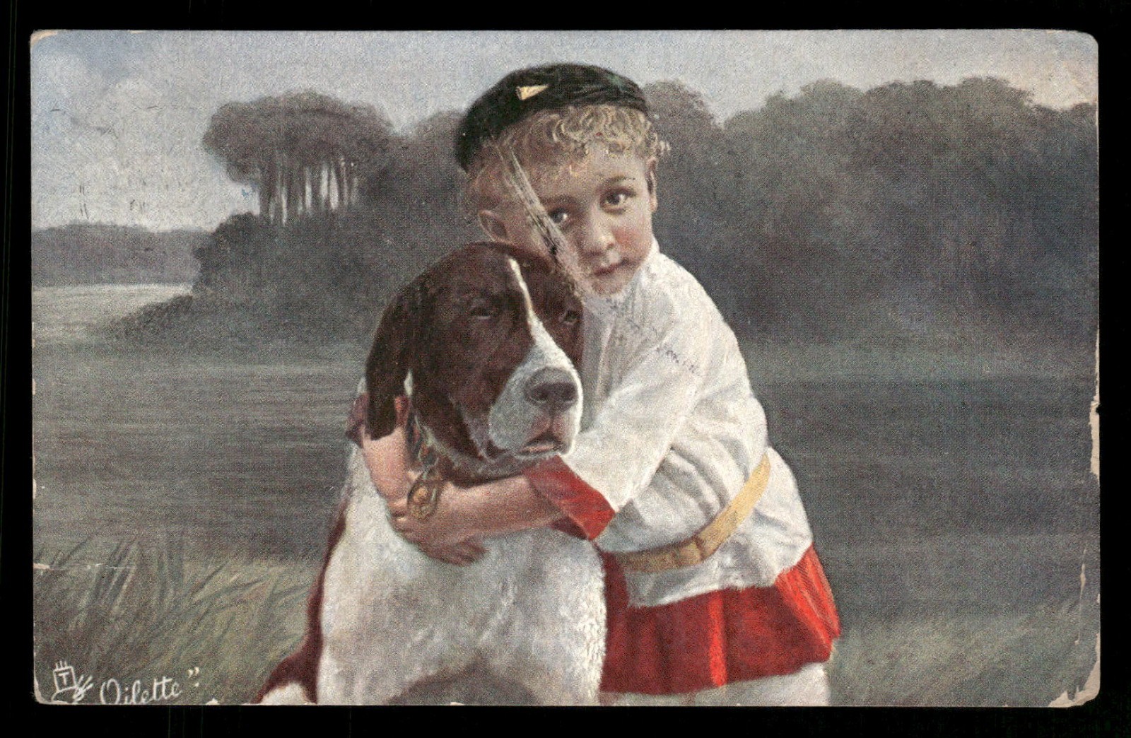 Postcard Boy Hugging Dog, Tuck We Two. Posted 1908 - Scratch on Face