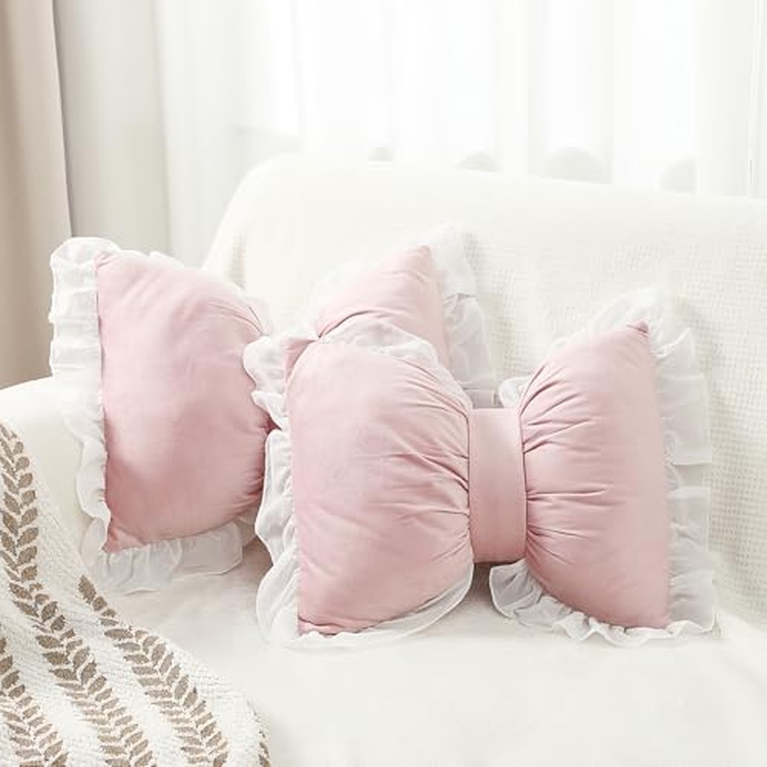 Yousoontic 2 Pcs Bow Throw Pillows 15.7x12.6 in, Velvet, Pink