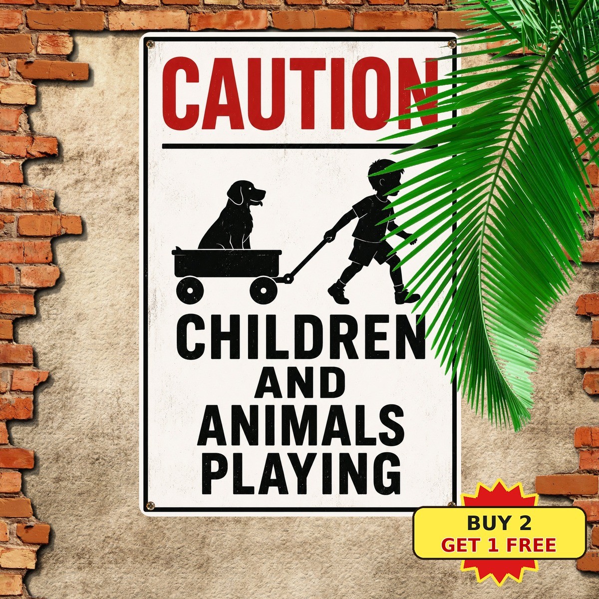 Caution Children And Animals Playing Slow Down Road Yard Metal Sign