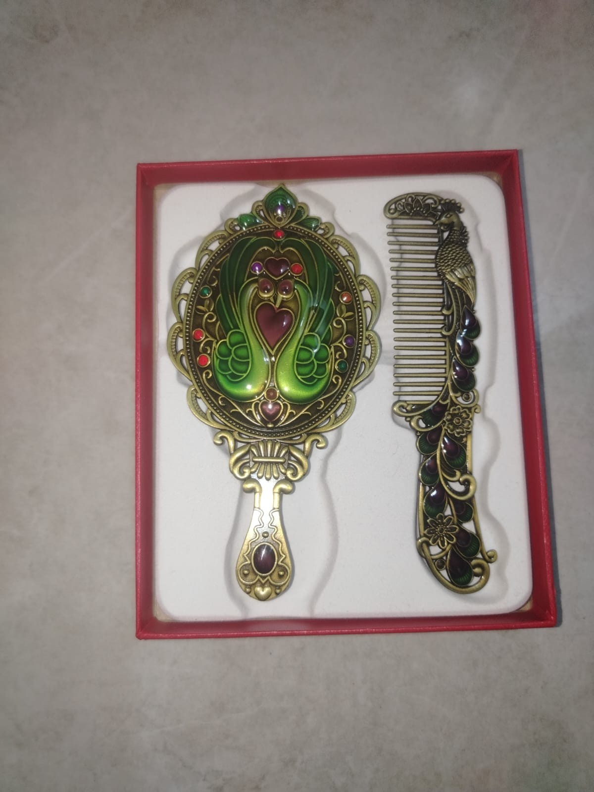 Vintage Peacock Hand Mirror & Hair Comb Set Gold Tone Ornate Vanity Decor Retro