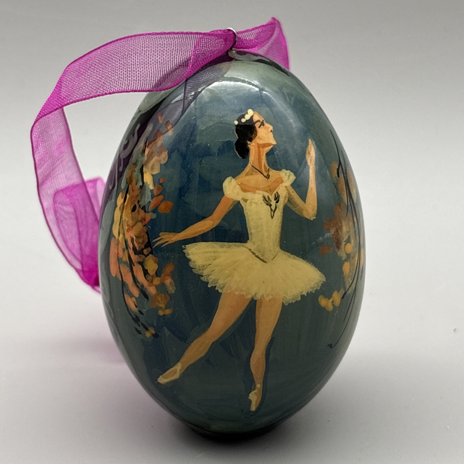 Vintage Russian Lacquer Wood Egg Ornament Swan Lake Ballerina Signed Sokolova 95