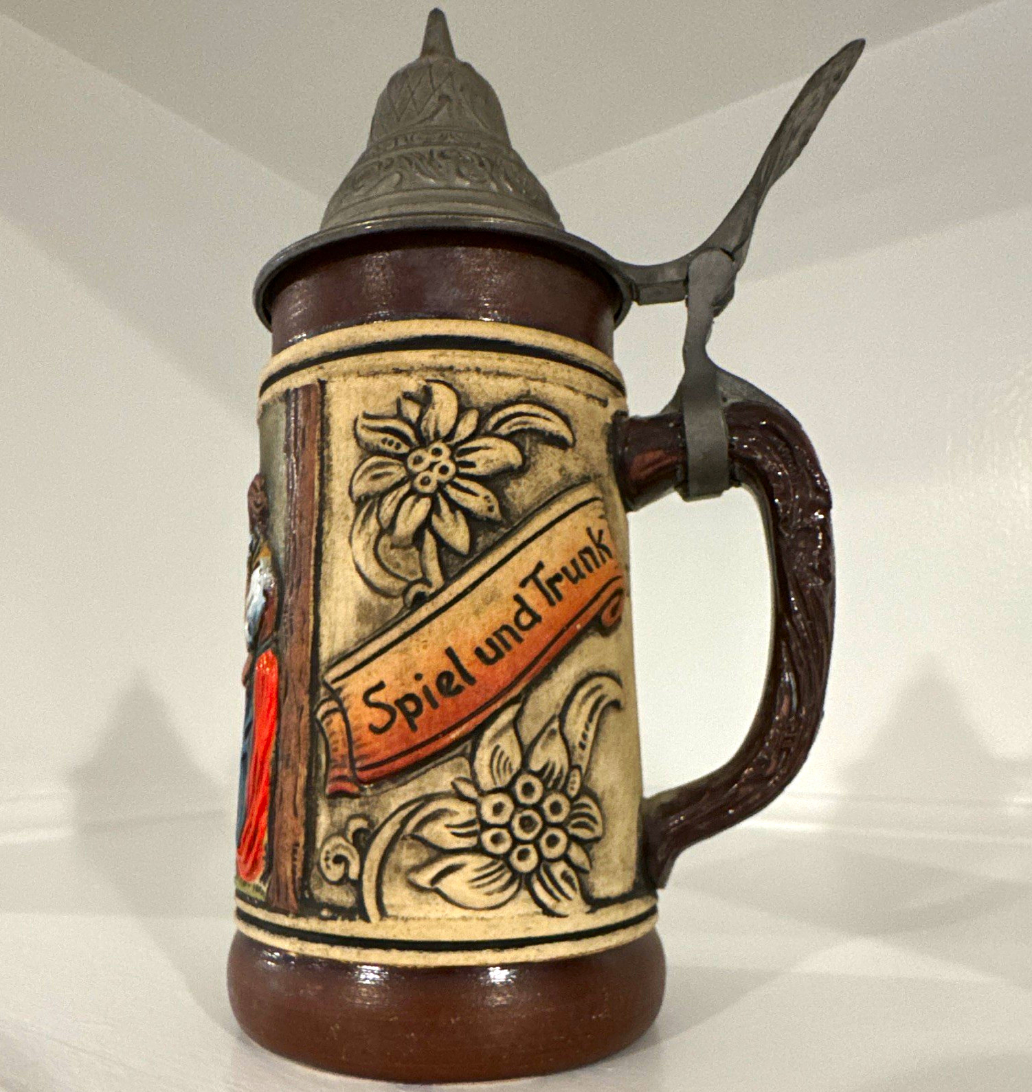 German Lidded Beer Stein Relief Scene \