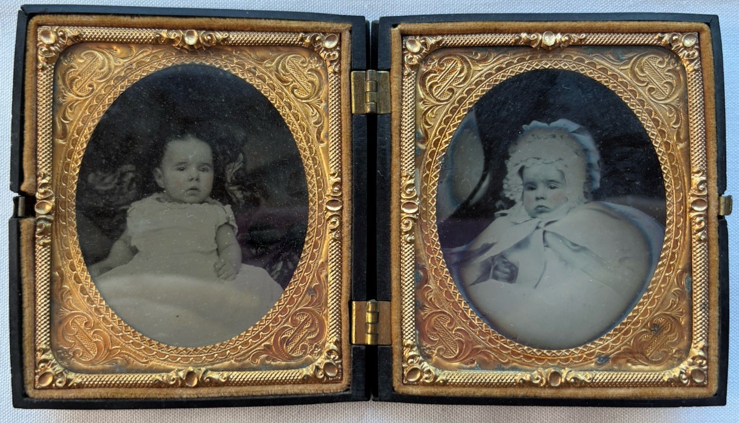Antique 1850s Infant Baby Daguerreotype Two In Union Case Gold Plate