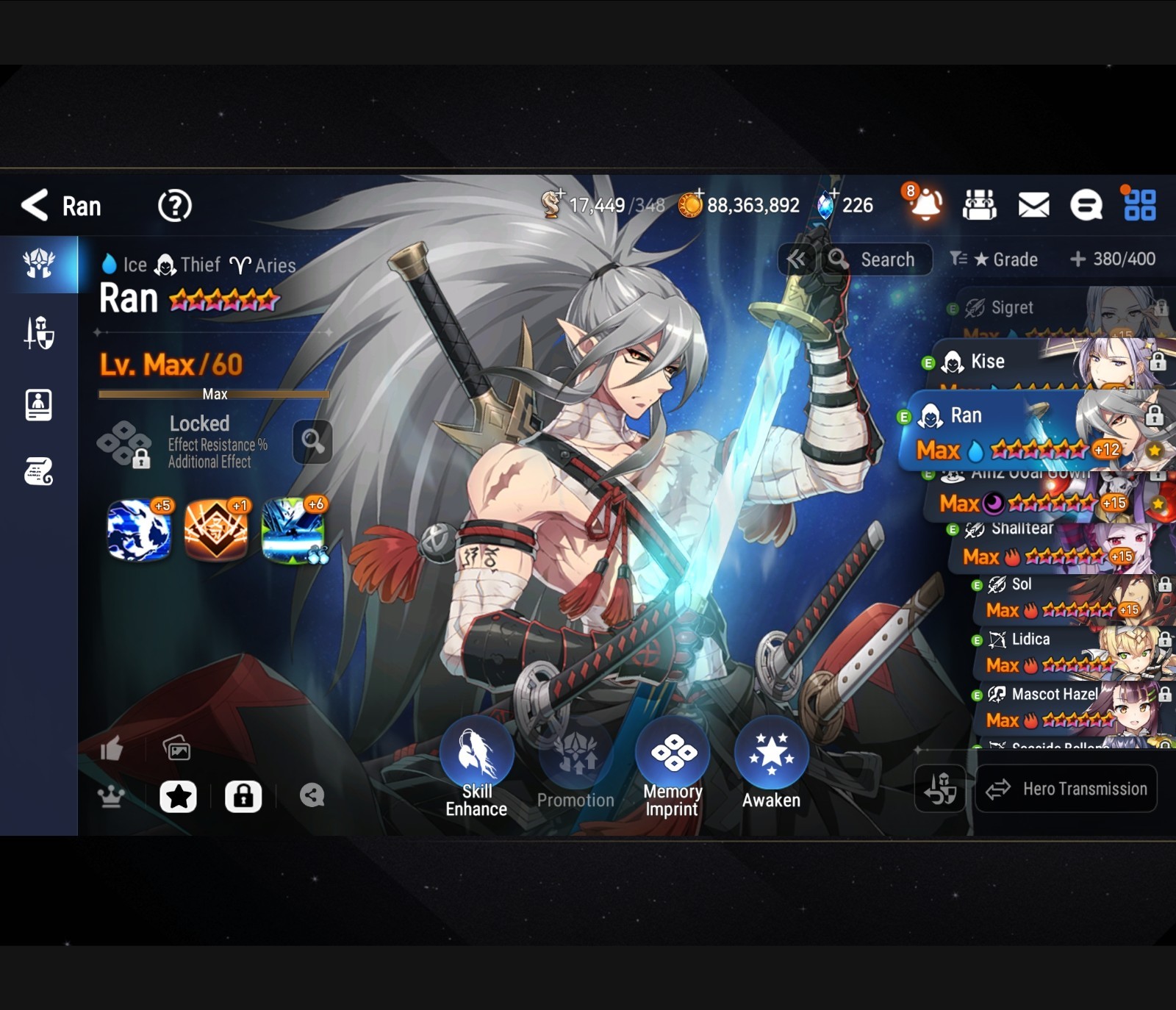 Epic seven account 228/368 Hero Journey (Rimaru, Arbiter Vildred, Luna)